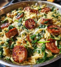 irresistible creamy chicken sausage orzo skillet