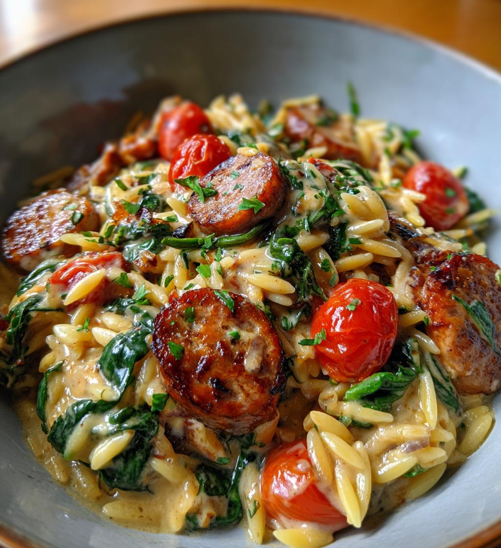 irresistible creamy chicken sausage orzo skillet