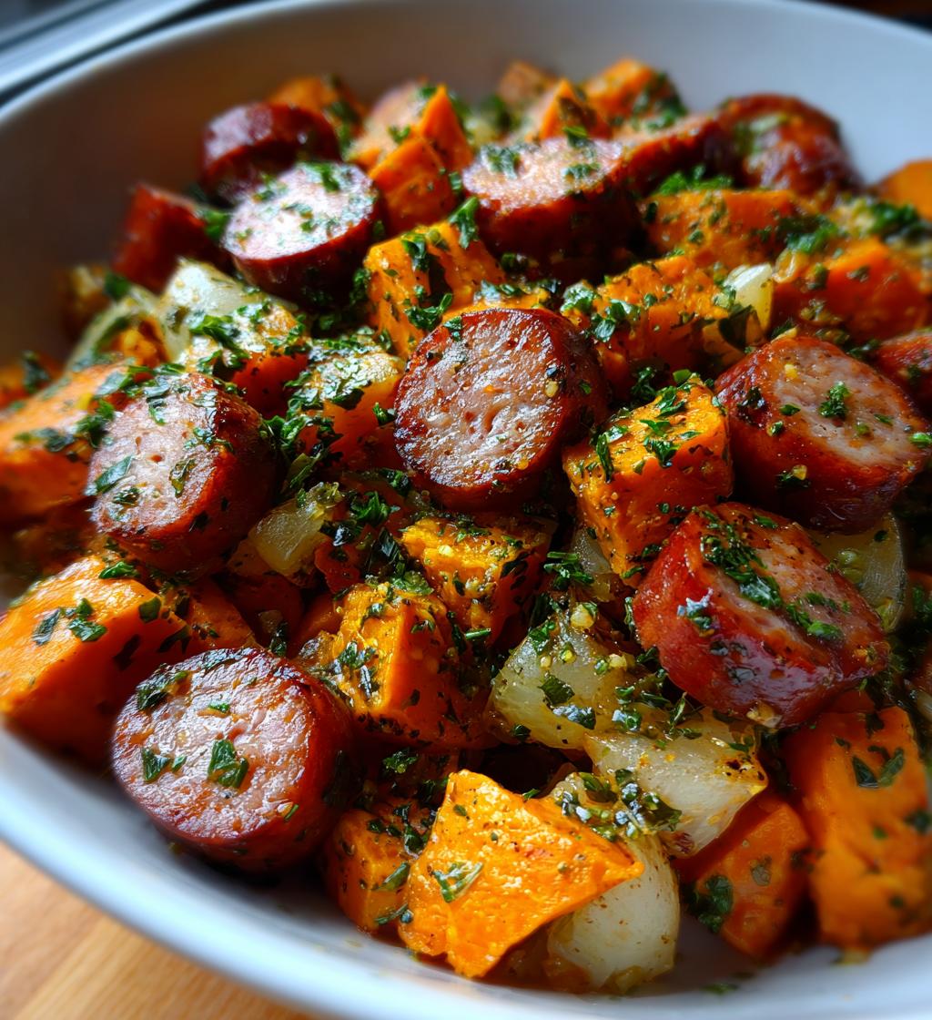 irresistible sheet pan sausage and sweet potatoes with honey garlic sauce - detail 1