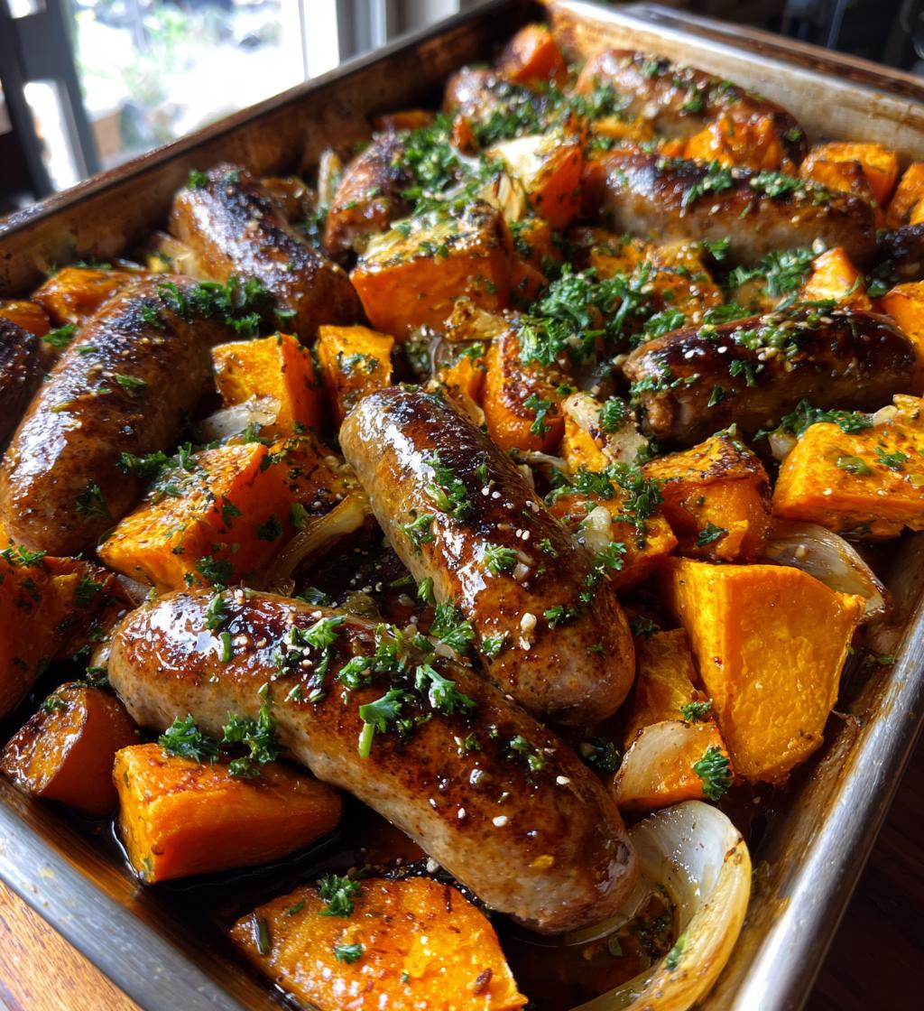 irresistible sheet pan sausage and sweet potatoes with honey garlic sauce - detail 1