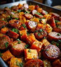 irresistible sheet pan sausage and sweet potatoes with honey garlic sauce