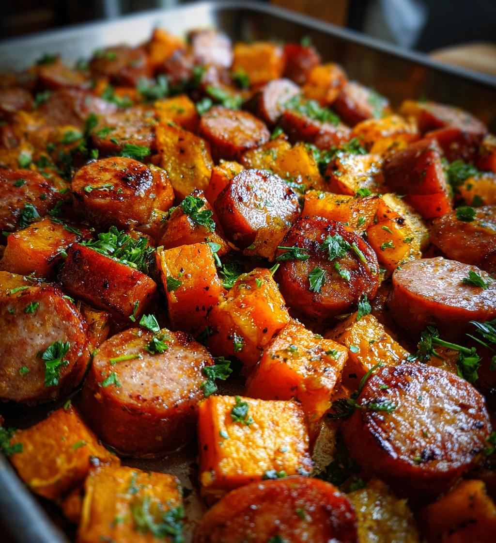 irresistible sheet pan sausage and sweet potatoes with honey garlic sauce