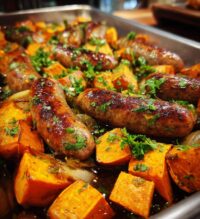 irresistible sheet pan sausage and sweet potatoes with honey garlic sauce