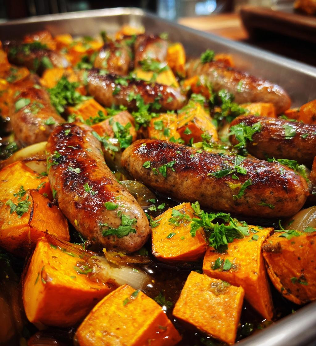 irresistible sheet pan sausage and sweet potatoes with honey garlic sauce