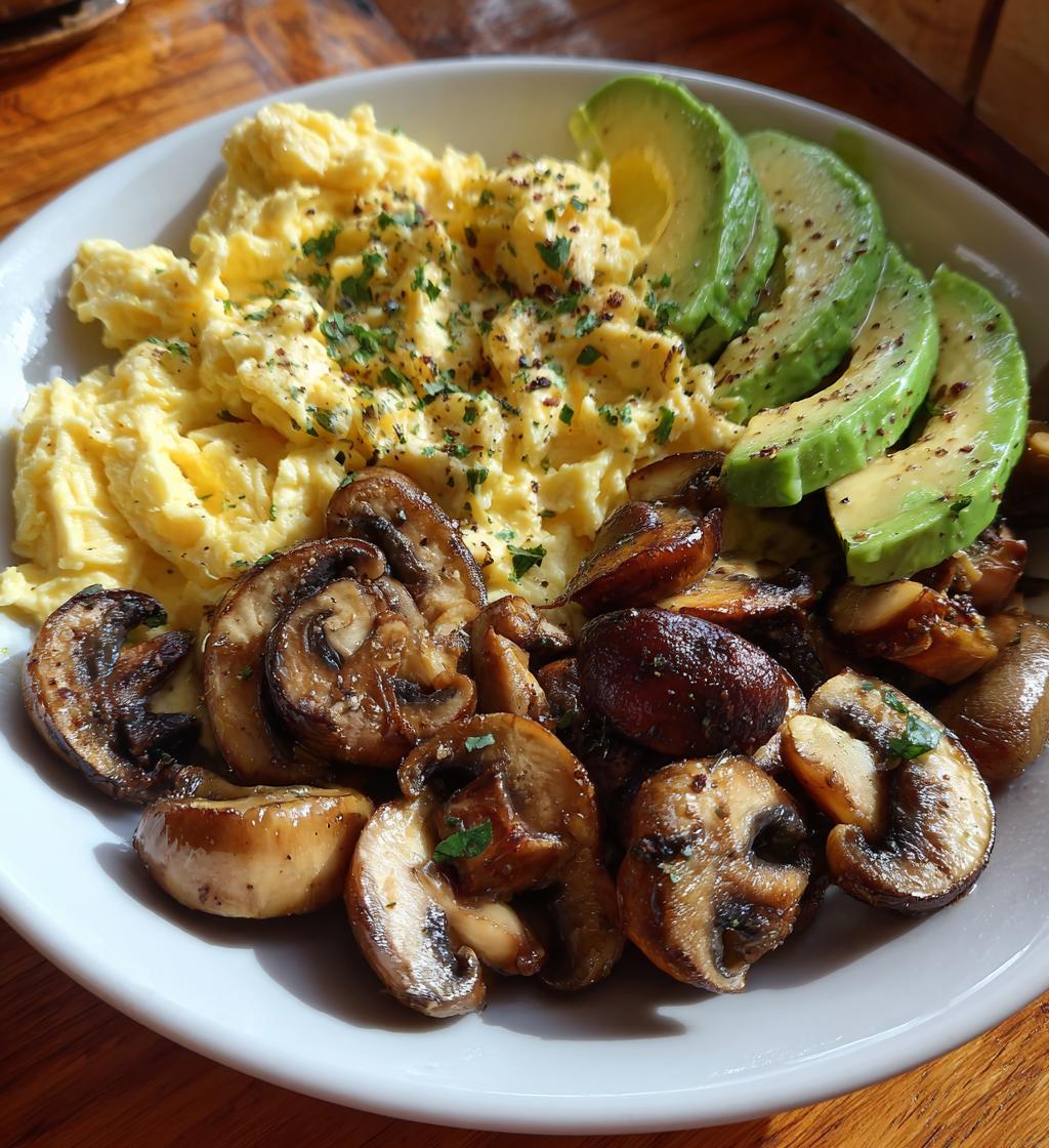 keto breakfast plate with creamy scrambled eggs mushrooms avocado - detail 1