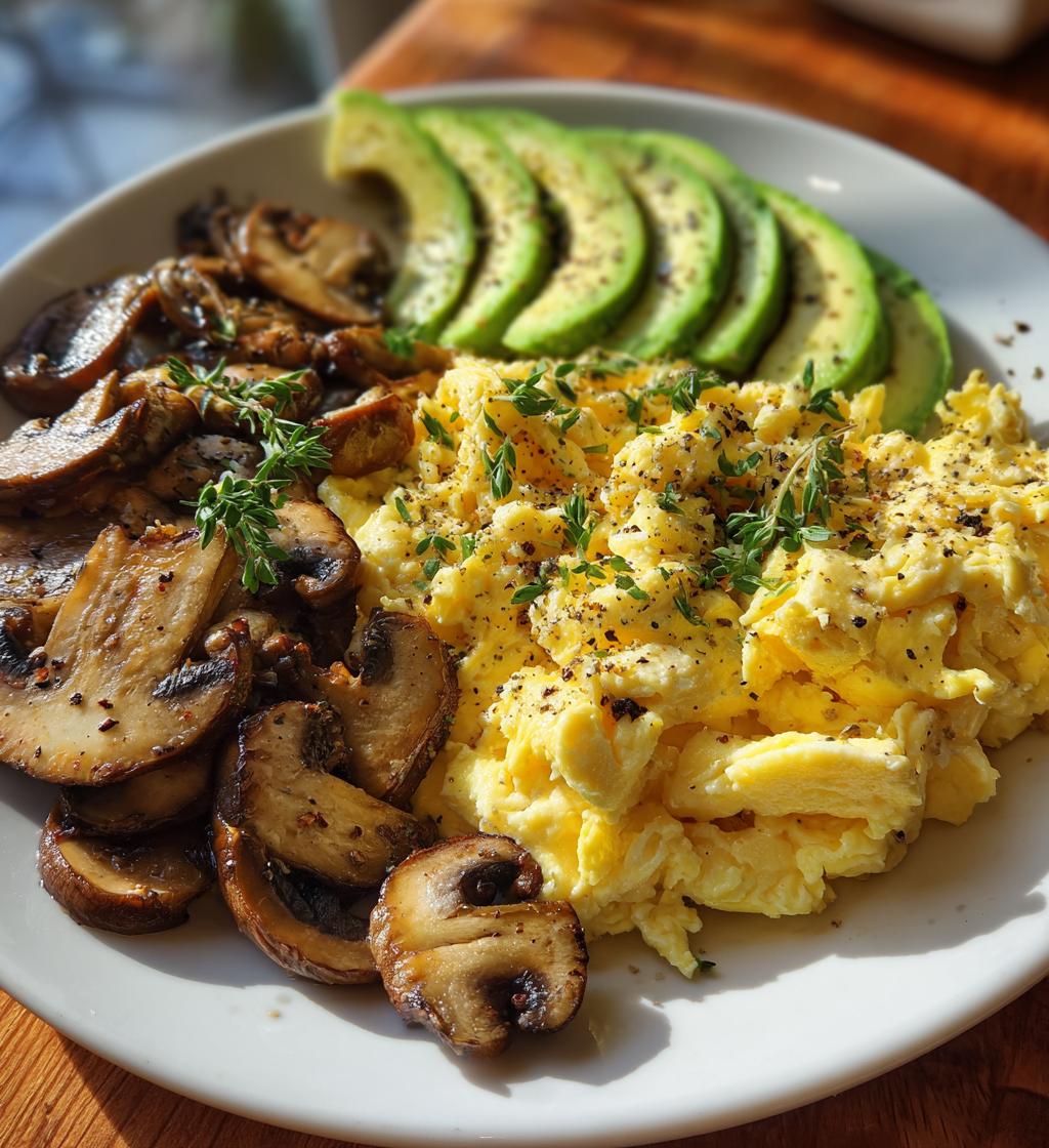 keto breakfast plate with creamy scrambled eggs mushrooms avocado - detail 1