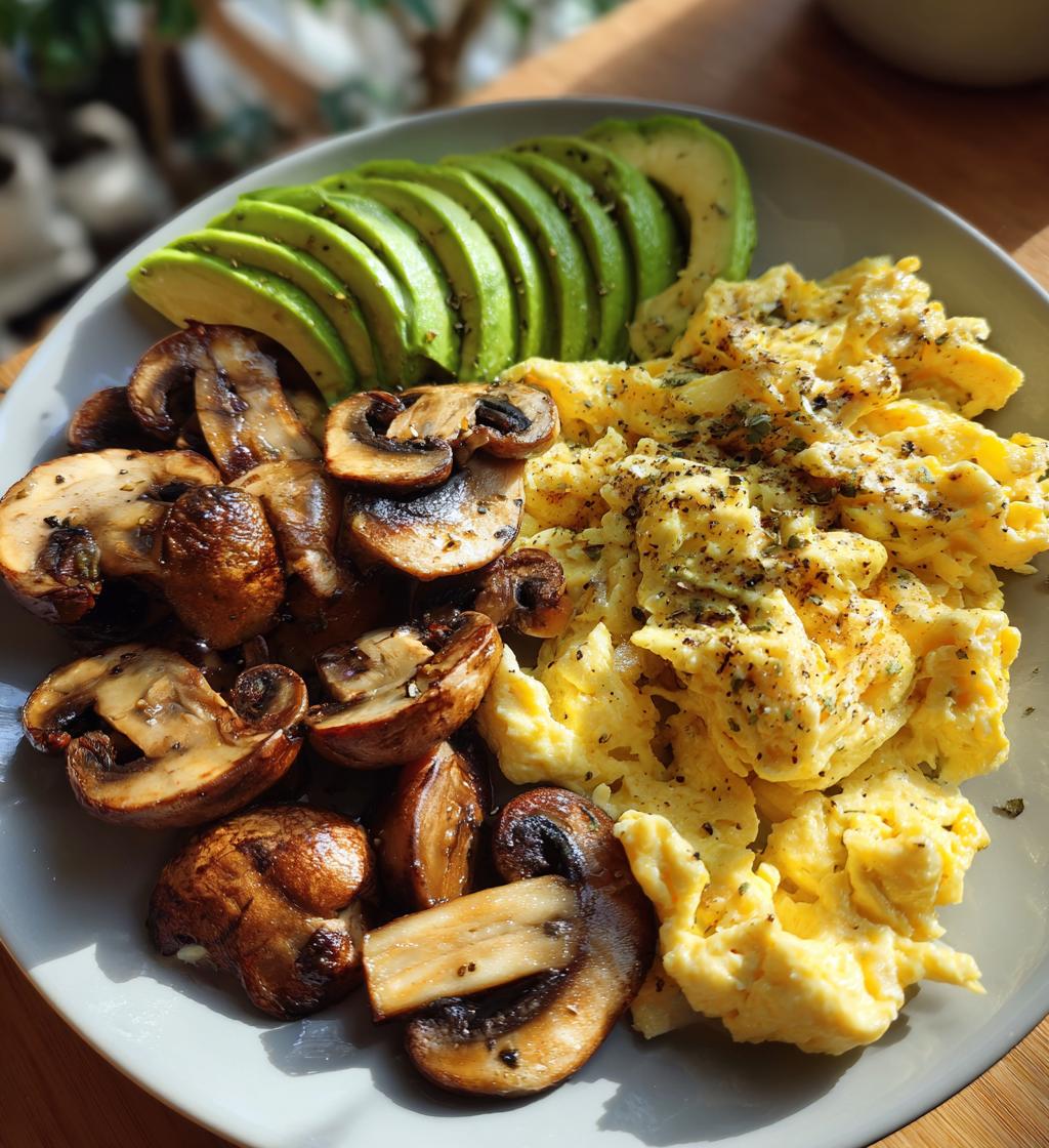 keto breakfast plate with creamy scrambled eggs mushrooms avocado