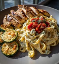 lemon dill chicken alfredo with roasted red pepper whipped feta crispy parmesan zucchini