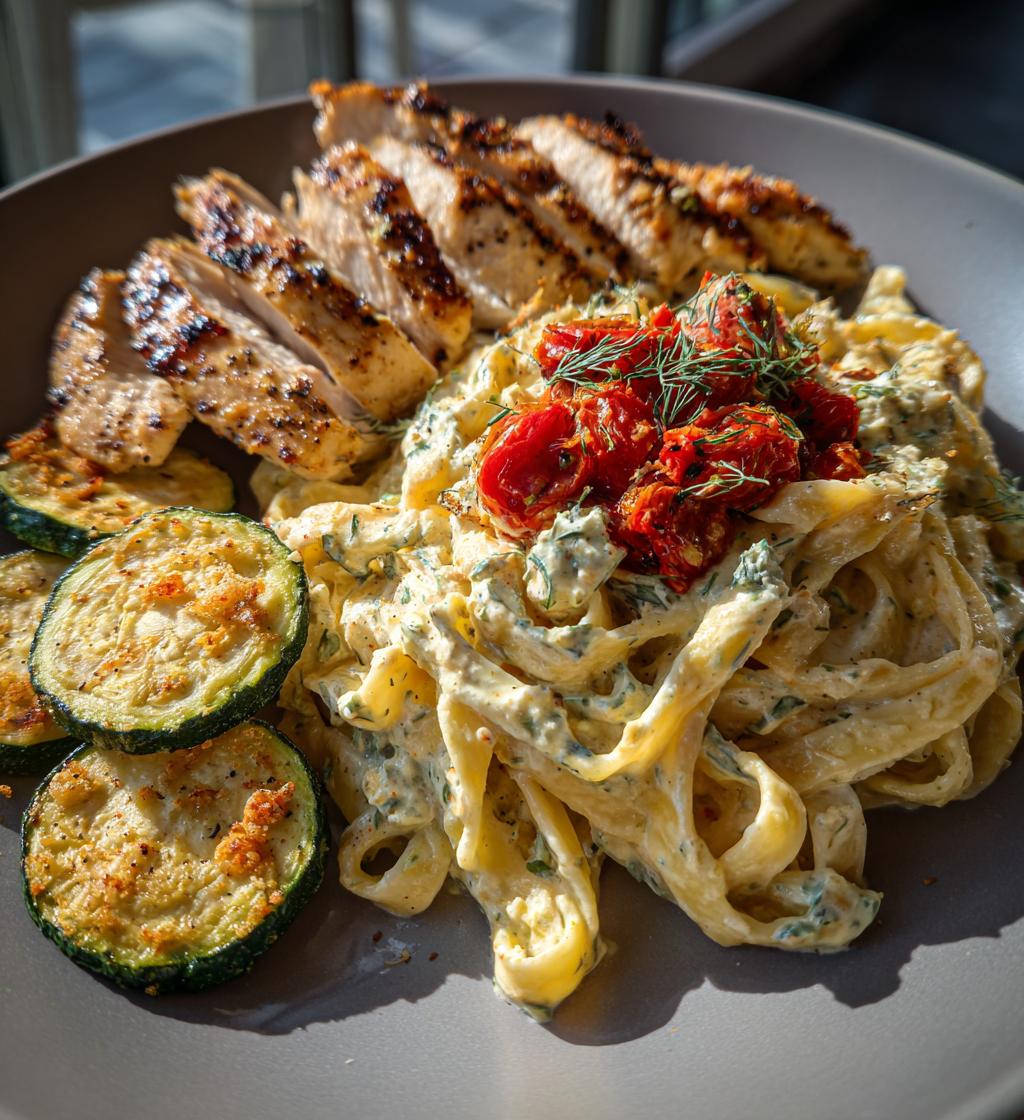 lemon dill chicken alfredo with roasted red pepper whipped feta crispy parmesan zucchini