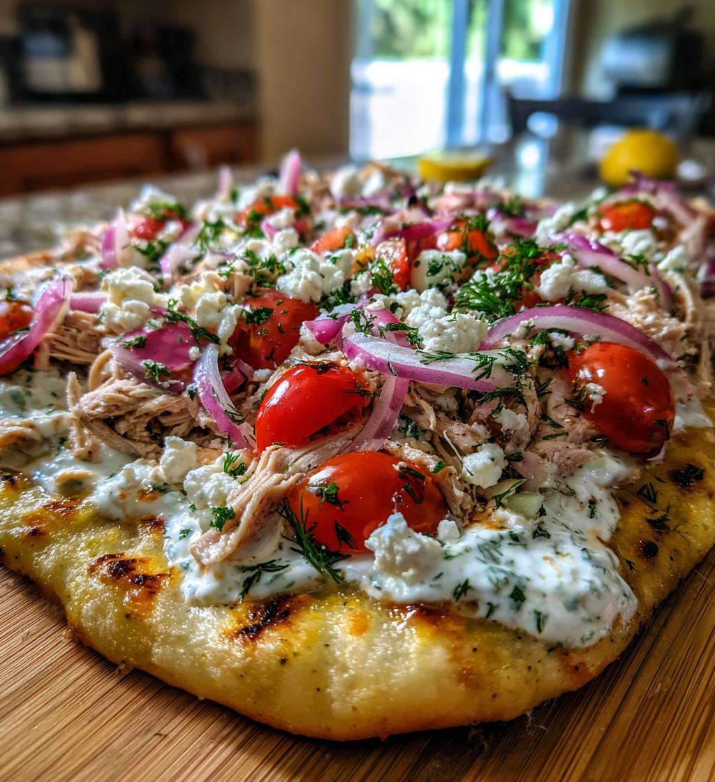 mediterranean tzatziki chicken naan pizza