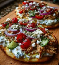 mediterranean tzatziki chicken naan pizza