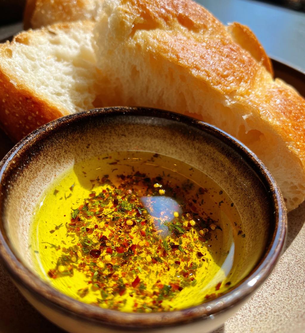 olive oil dip with warm bread - detail 1
