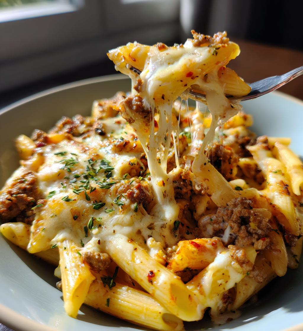 one pot cheesy beef garlic penne - detail 1