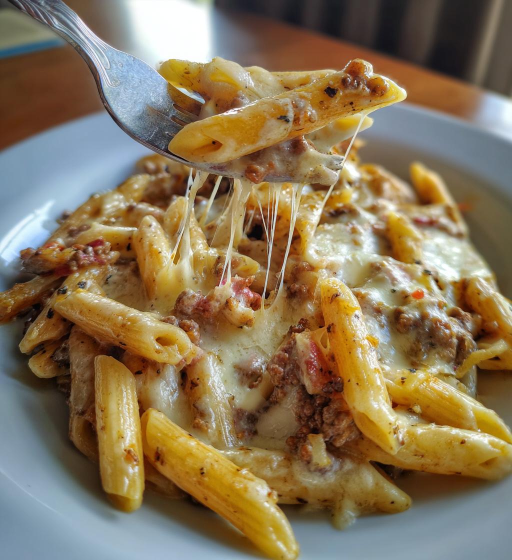 one pot cheesy beef garlic penne