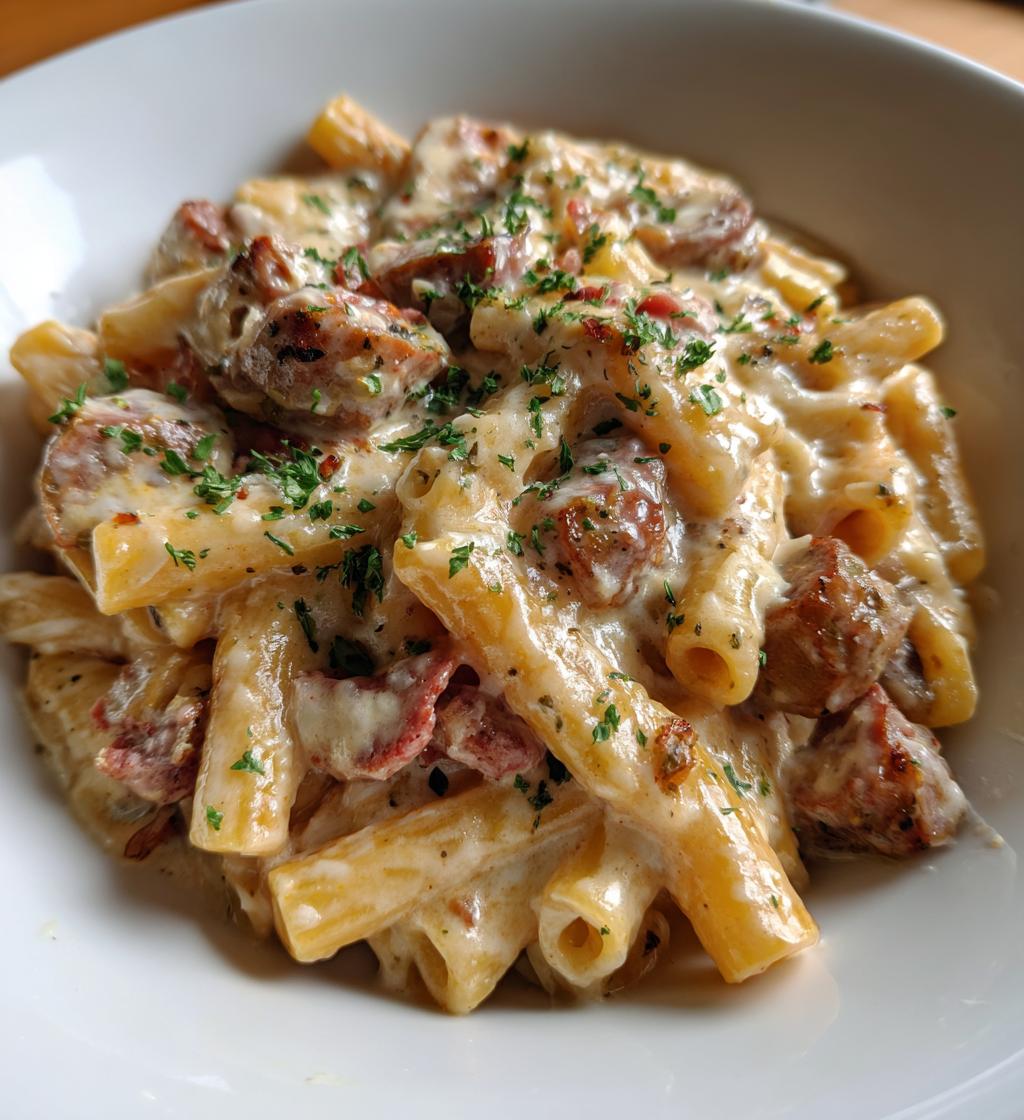 one pot cheesy sausage pasta - detail 1