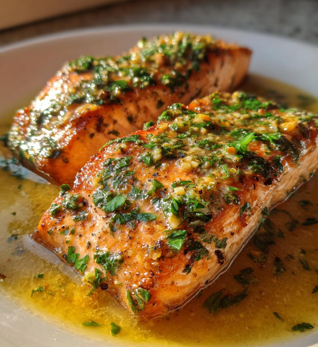 pan fried salmon with garlic butter sauce - detail 1