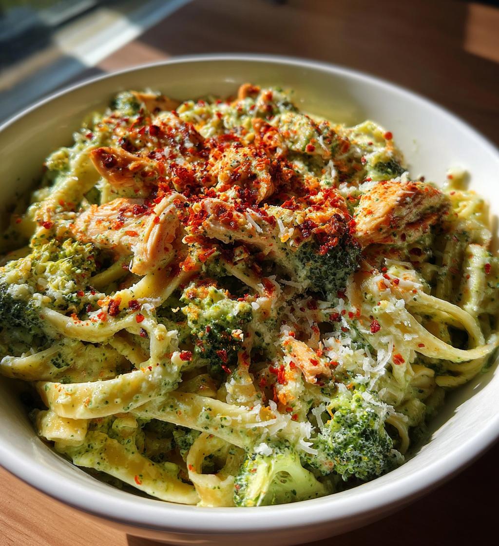 pesto chicken alfredo with spicy feta cream parmesan broccoli crunch