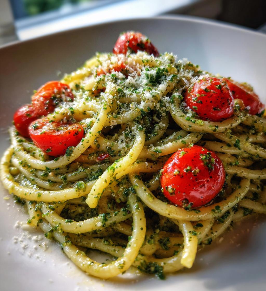 pesto pasta with cherry tomatoes - detail 1