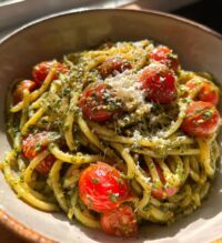 pesto pasta with cherry tomatoes