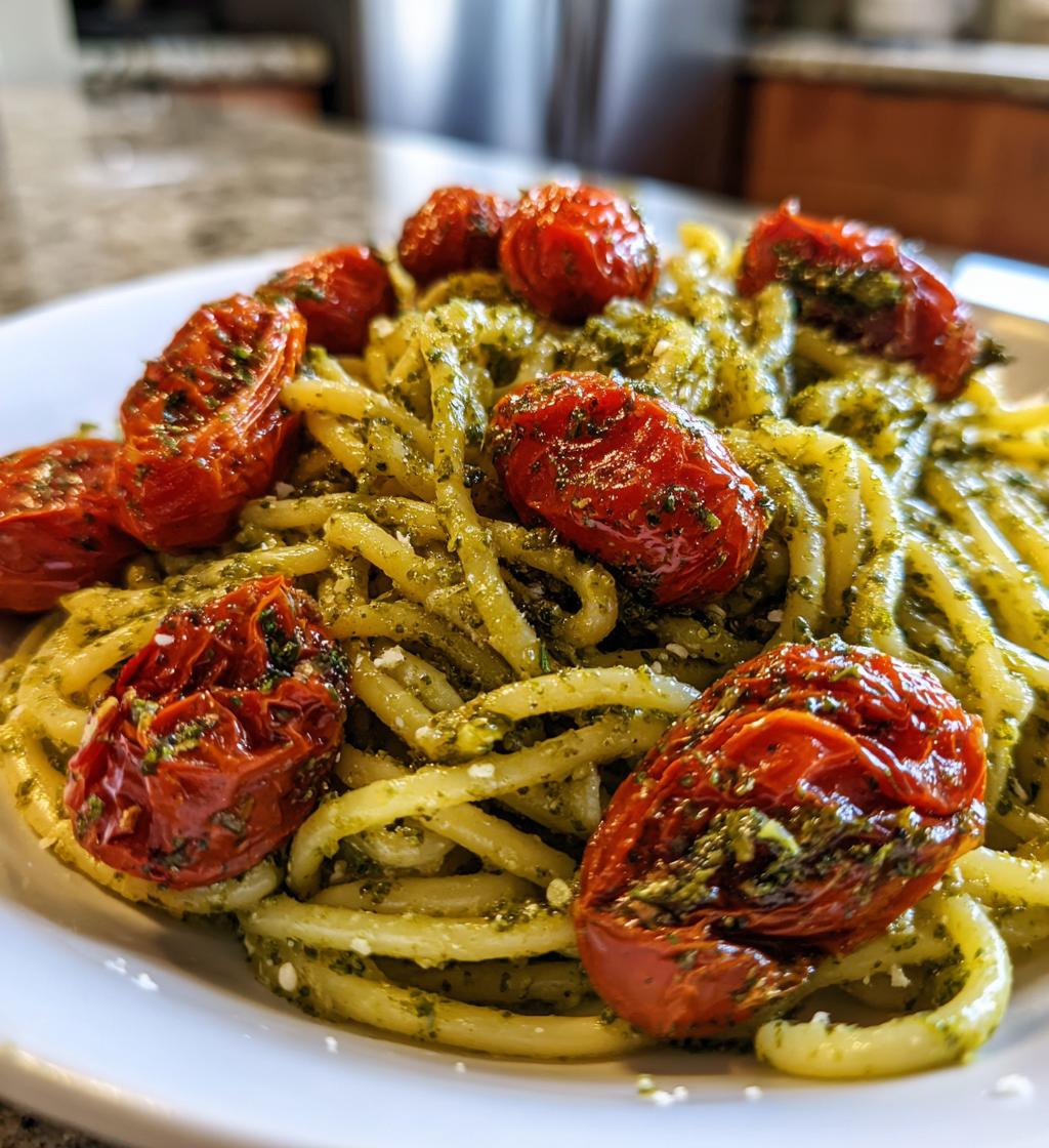 pesto pasta with roasted tomatoes