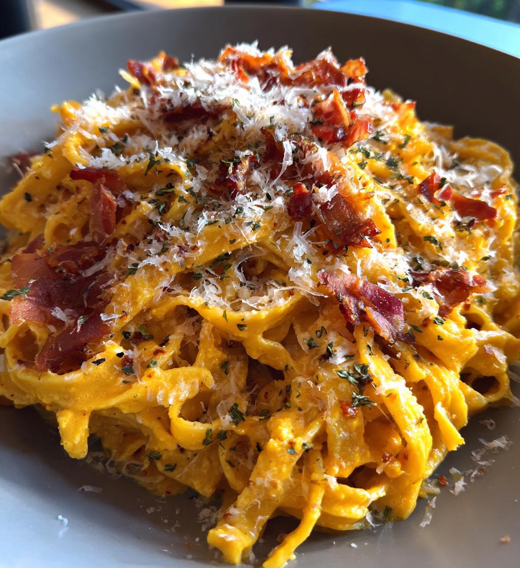 pumpkin alfredo pasta with prosciutto - detail 1