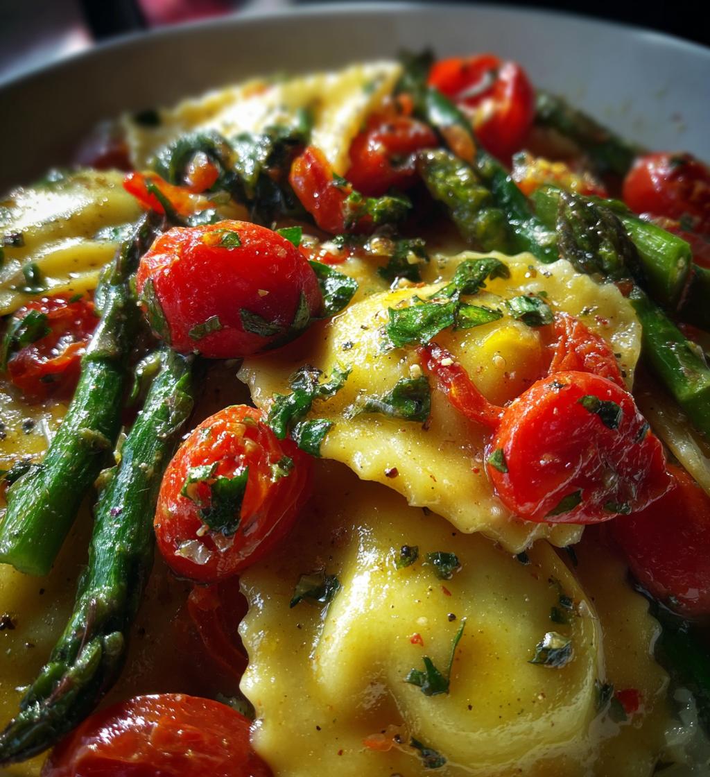 ravioli with tomatoes asparagus garlic and herbs - detail 1