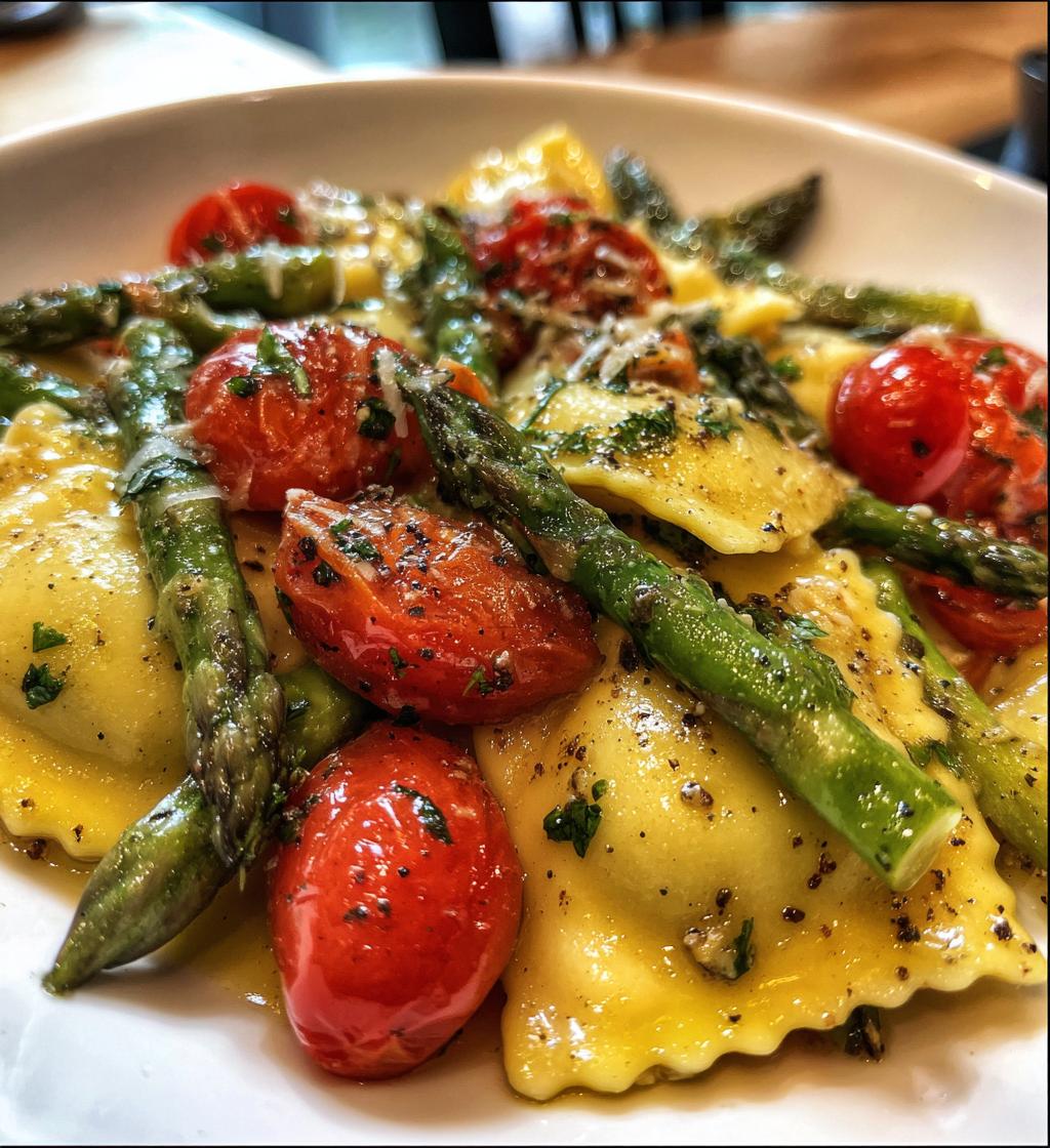 ravioli with tomatoes asparagus garlic and herbs