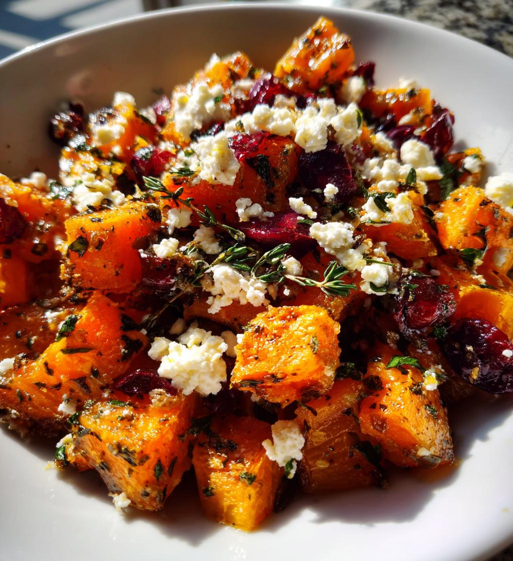 roasted butternut squash with cranberries and feta