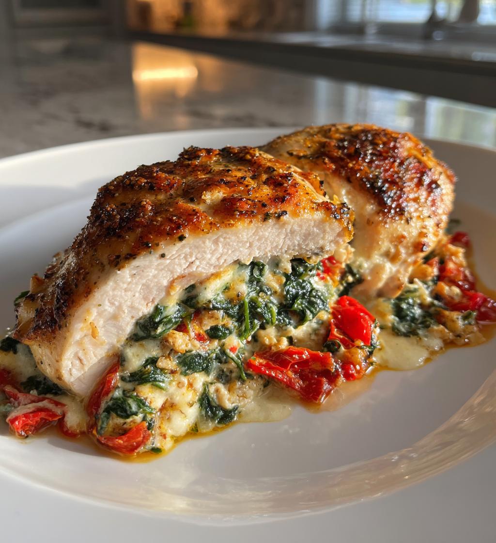 roasted red pepper spinach mozzarella stuffed chicken - detail 1