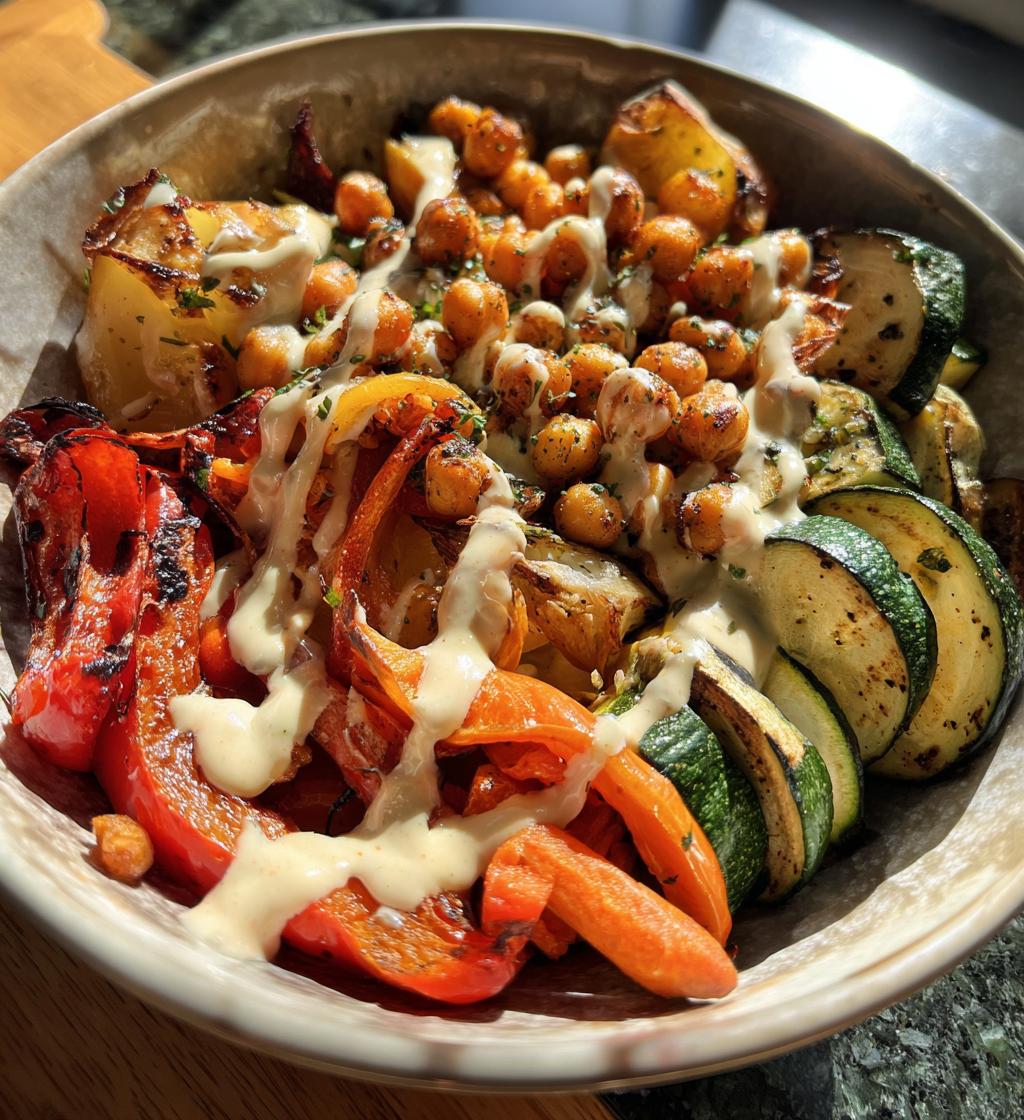 roasted veggie chickpea bowls with maple dijon tahini dressing - detail 1
