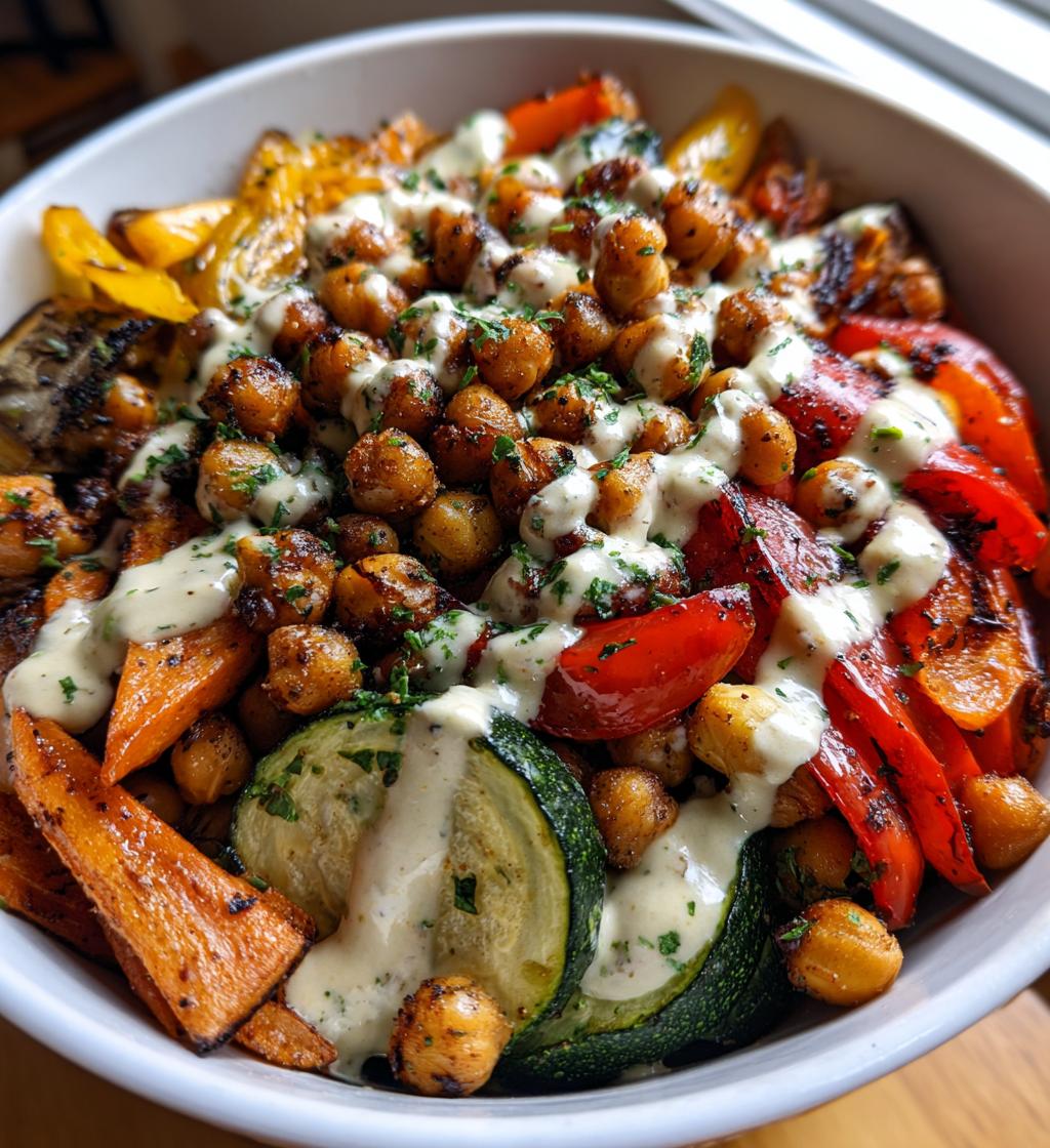 roasted veggie chickpea bowls with maple dijon tahini dressing