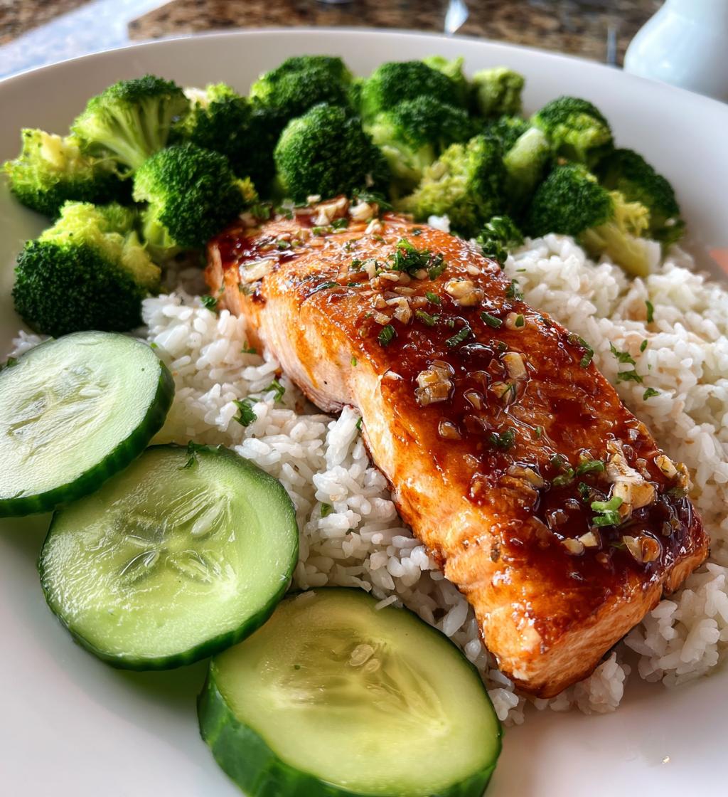 salmon broccoli rice cucumber plate - detail 1