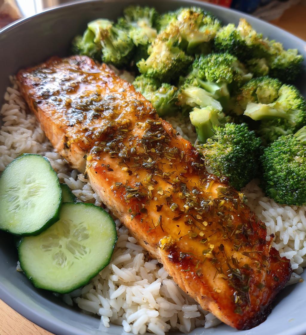salmon broccoli rice cucumber plate - detail 1