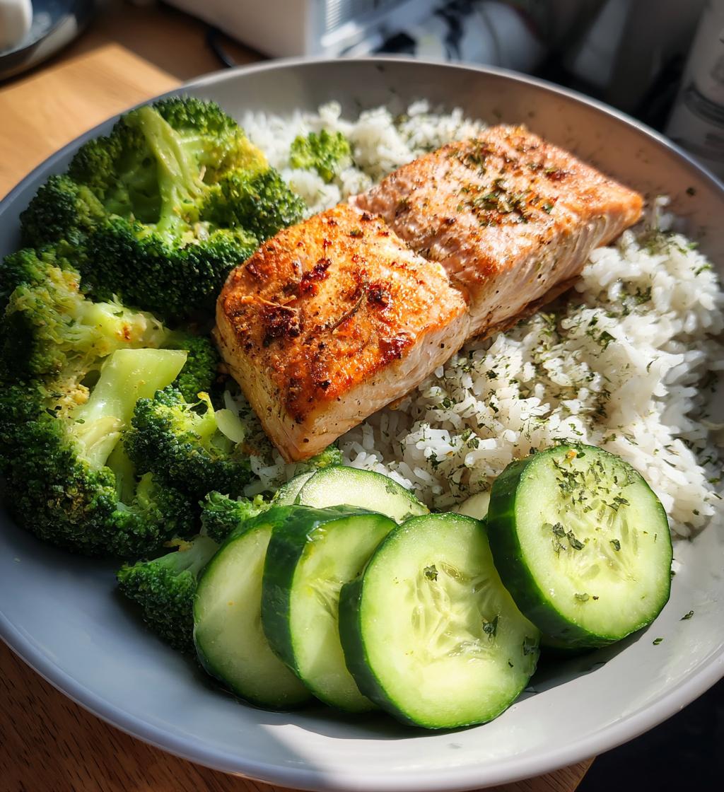 salmon broccoli rice cucumber plate