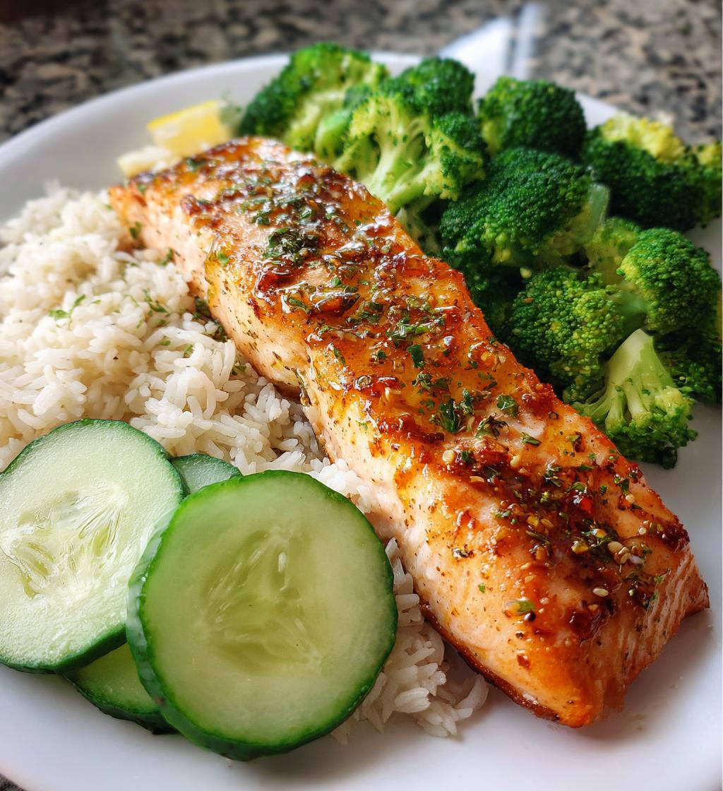 salmon broccoli rice cucumber plate