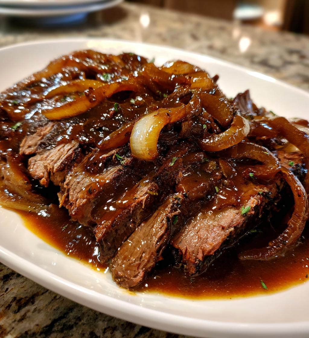 slow cooker brisket with balsamic onion gravy - detail 1