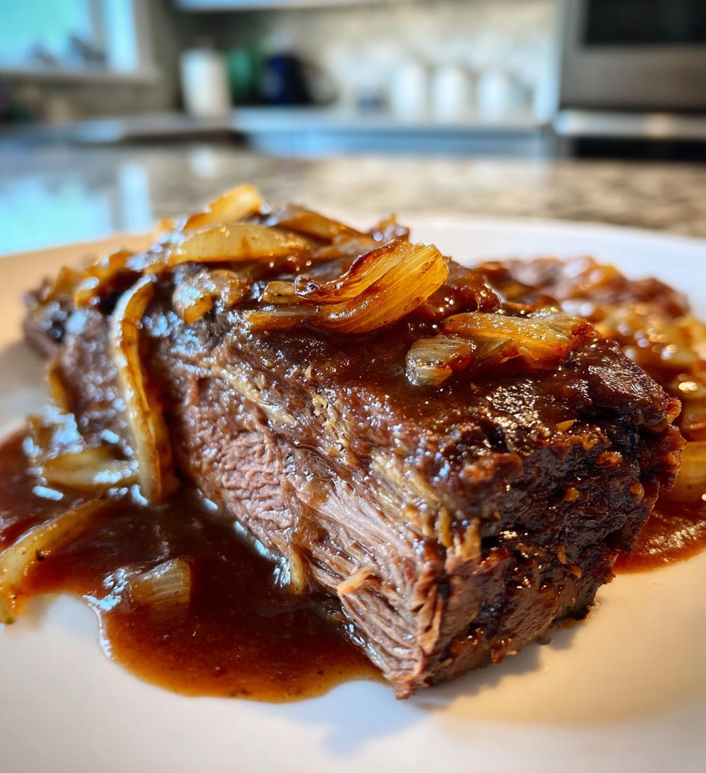 slow cooker brisket with balsamic onion gravy - detail 1