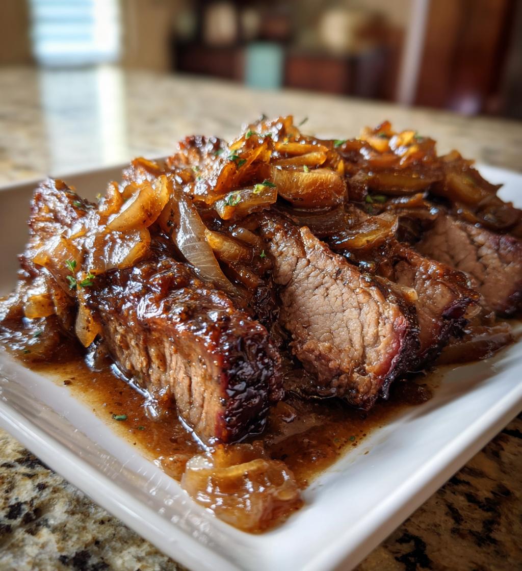 slow cooker brisket with balsamic onion gravy