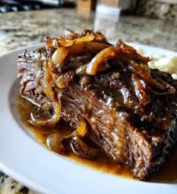 slow cooker brisket with balsamic onion gravy