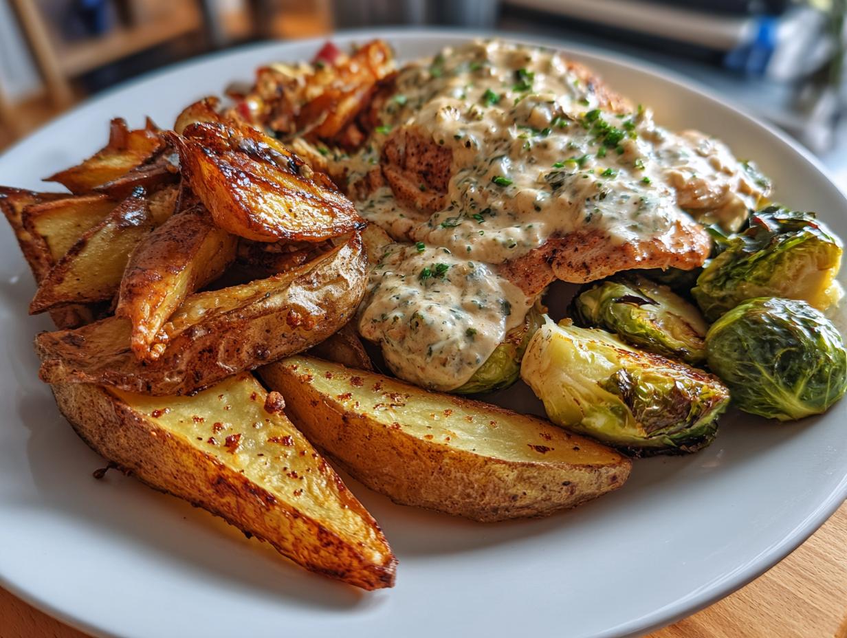 smoked paprika chicken alfredo with feta tahini cream crispy brussels potato combo wedges - detail 1