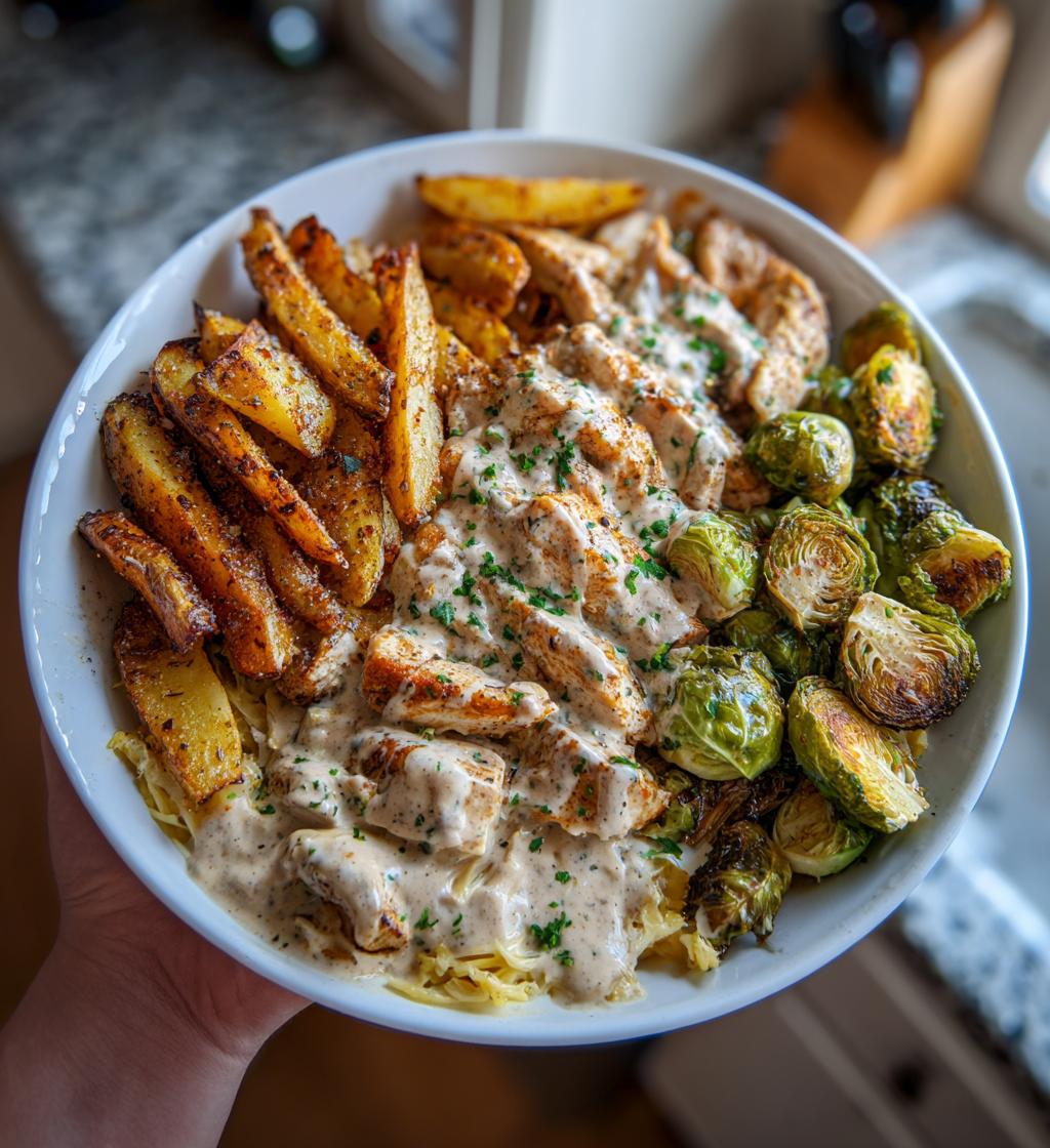 smoked paprika chicken alfredo with feta tahini cream crispy brussels potato combo wedges