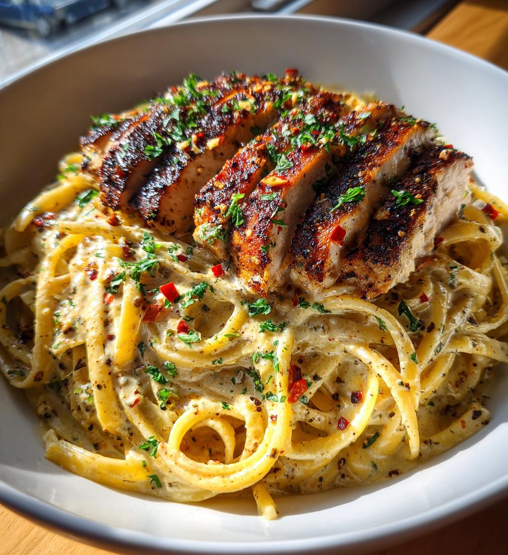 spicy cajun chicken linguine in creamy garlic parmesan sauce - detail 1