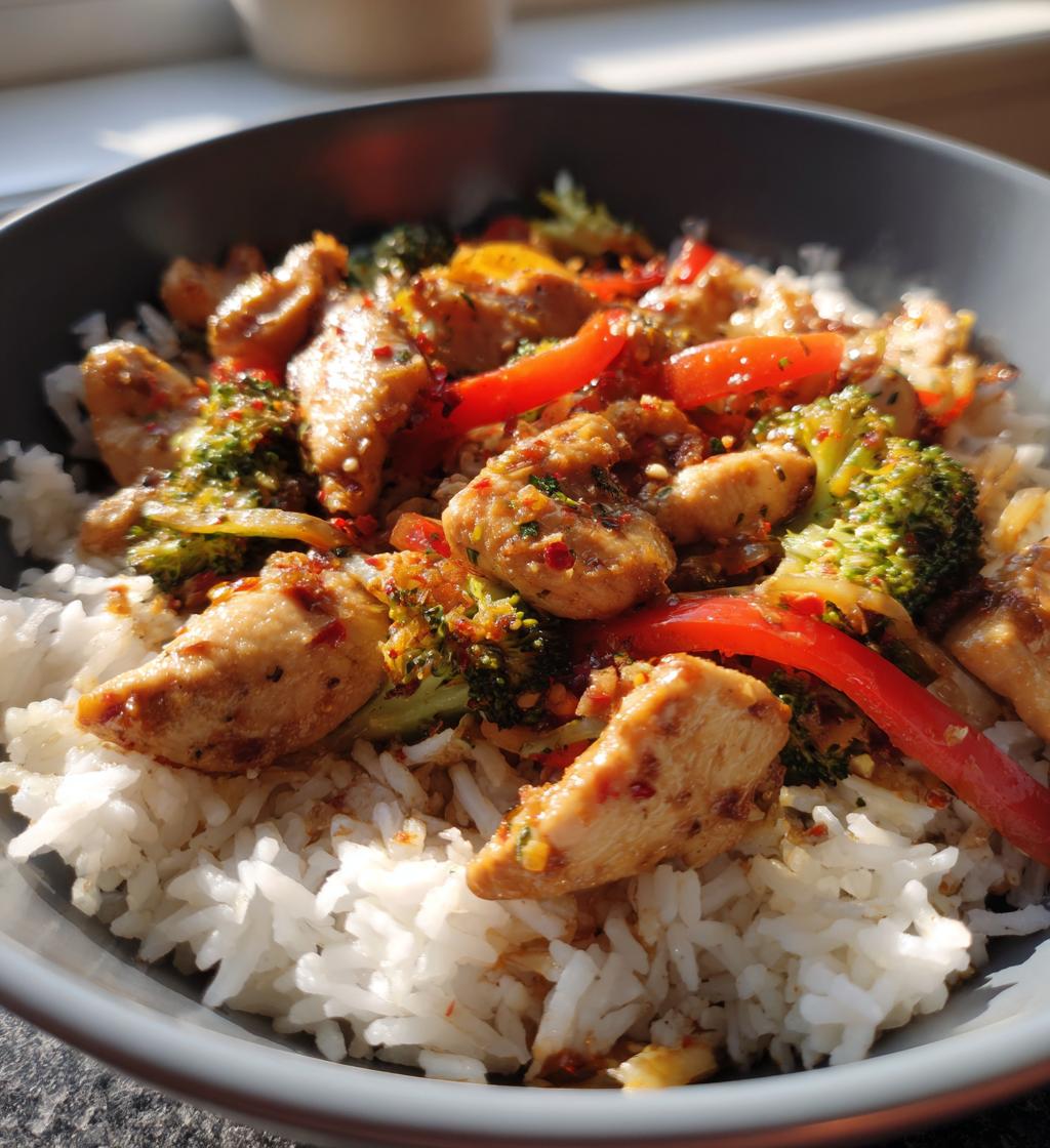 spicy garlic chicken stir fry with rice - detail 1