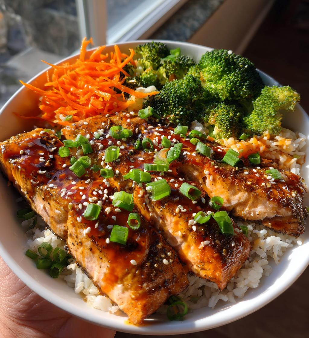 spicy sriracha honey salmon bowl recipe - detail 1