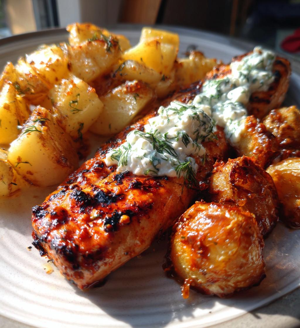 spicy yogurt marinated chicken with dill feta cream crispy baby potatoes - detail 1