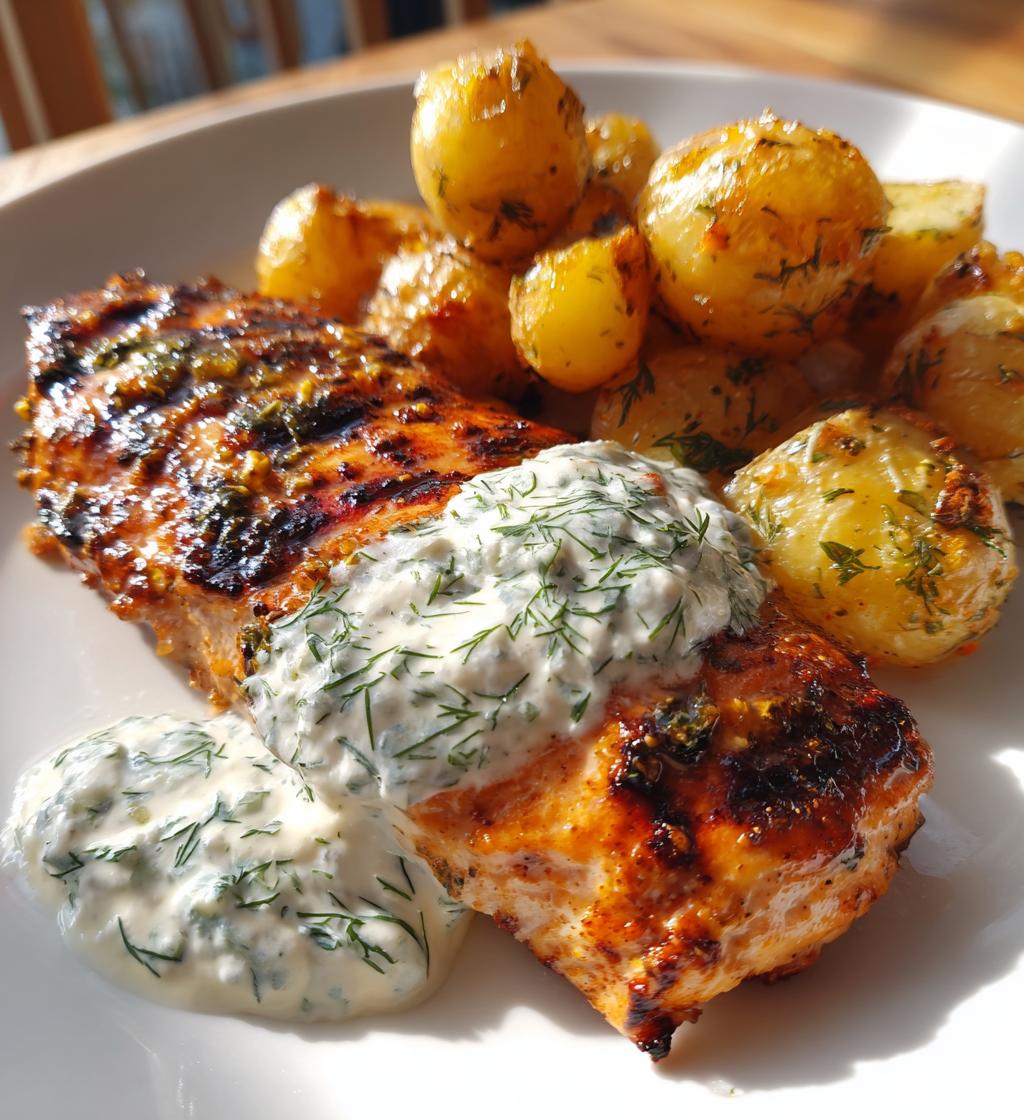 spicy yogurt marinated chicken with dill feta cream crispy baby potatoes