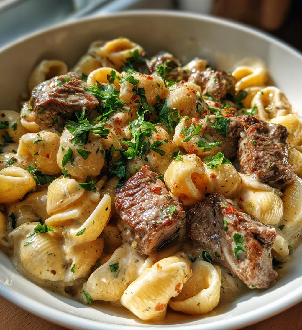 steak bites and shell pasta in garlic butter alfredo sauce - detail 1