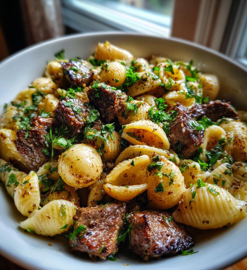 steak bites and shell pasta in garlic butter alfredo sauce
