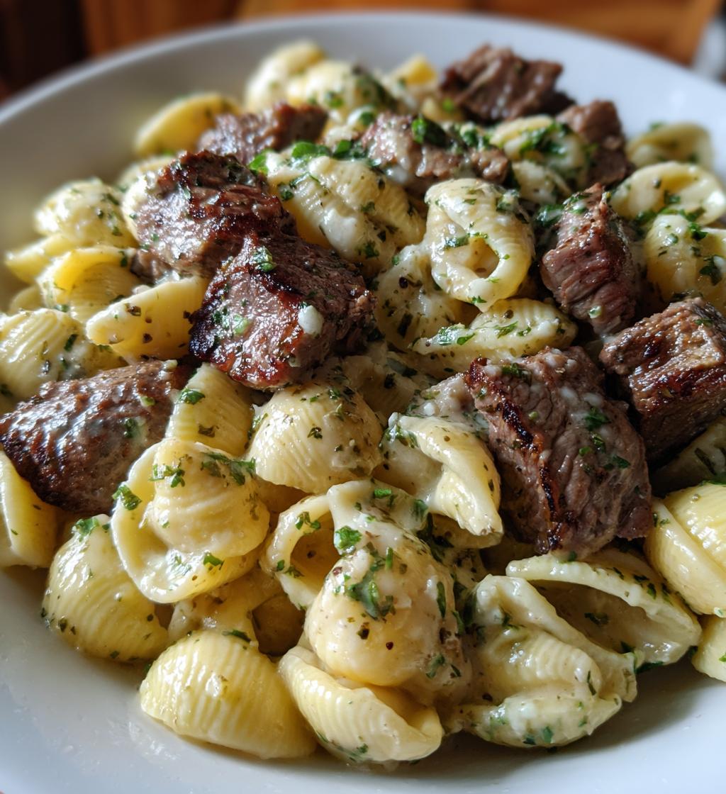 steak bites and shell pasta in garlic butter alfredo sauce