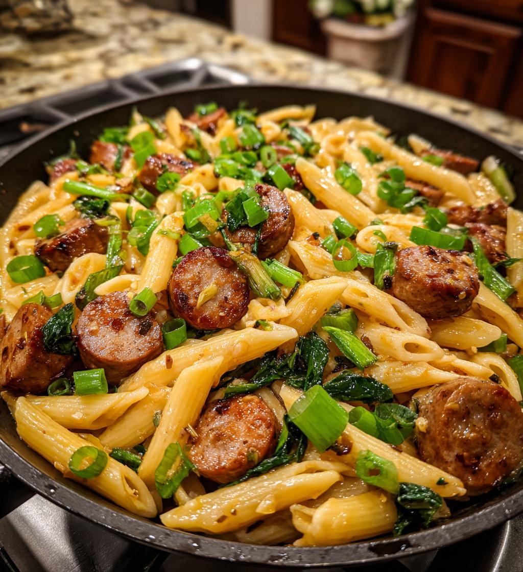 sticky honey garlic sausage pasta skillet - detail 1